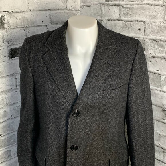 Vintage 90s Union Label Charcoal Herringbone Wool Tweed Overcoat Long Pea Coat - Picture 2 of 16